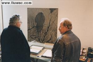 FIUWAC Side Illustration 055-1999 Patrick Healy, visiting Virgil Grotfeldts studio, in preparation for the FIUWAC publication on Grotfeldt, published at Wienand Verlag 2003,  Photo Waldo Bien 